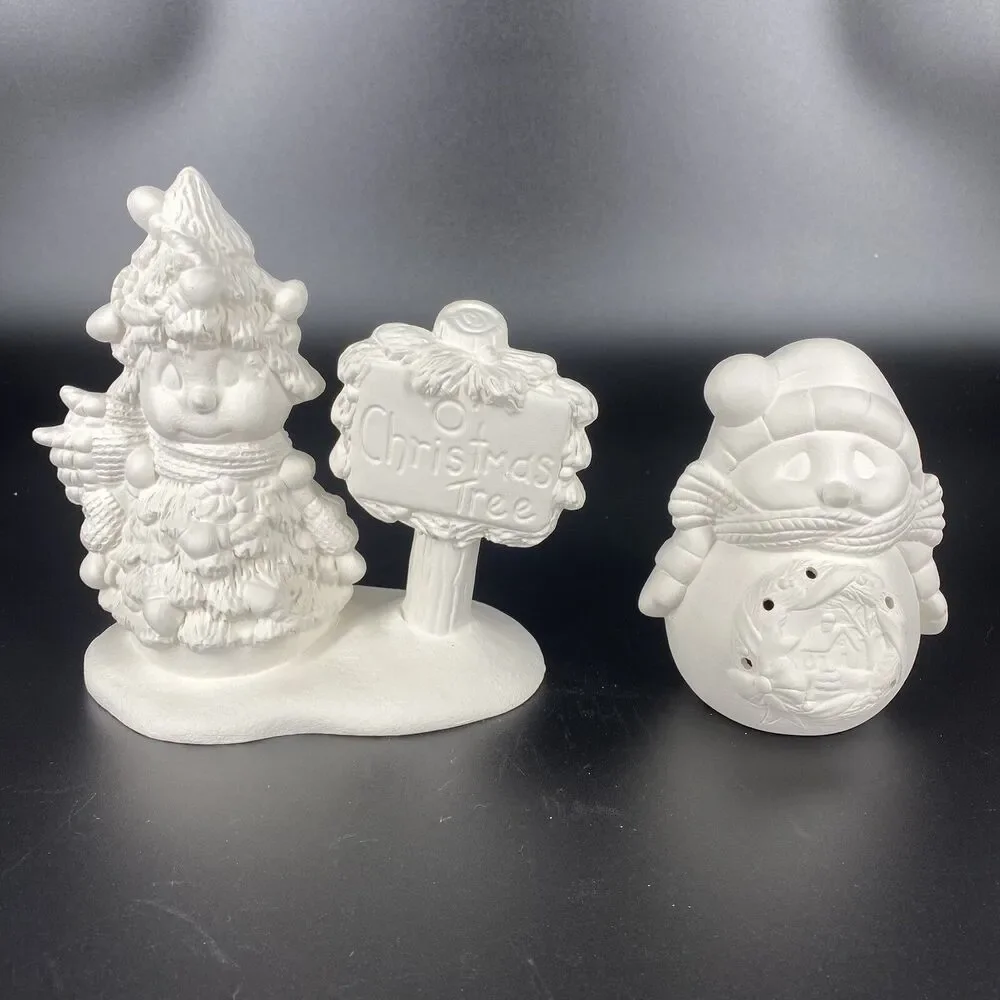 Lot of 2 Ready to Paint Ceramic Christmas Tree Snowman Holiday Decor